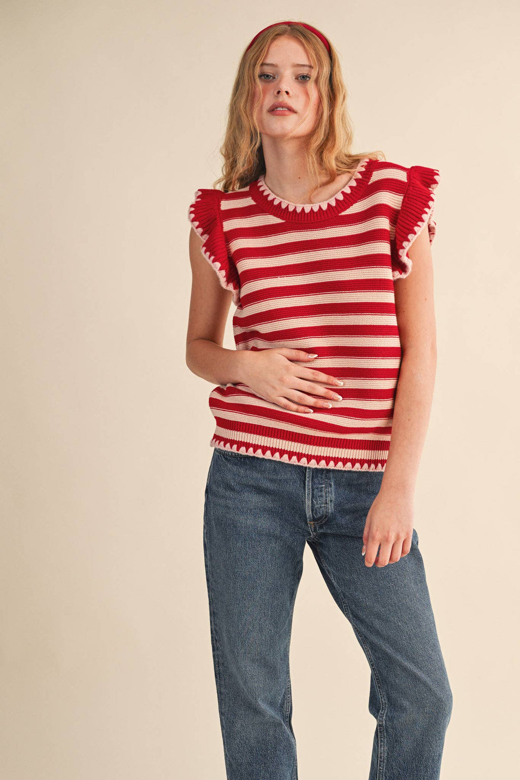 STRIPED FLUTTER SLEEVE SWEATER TOP