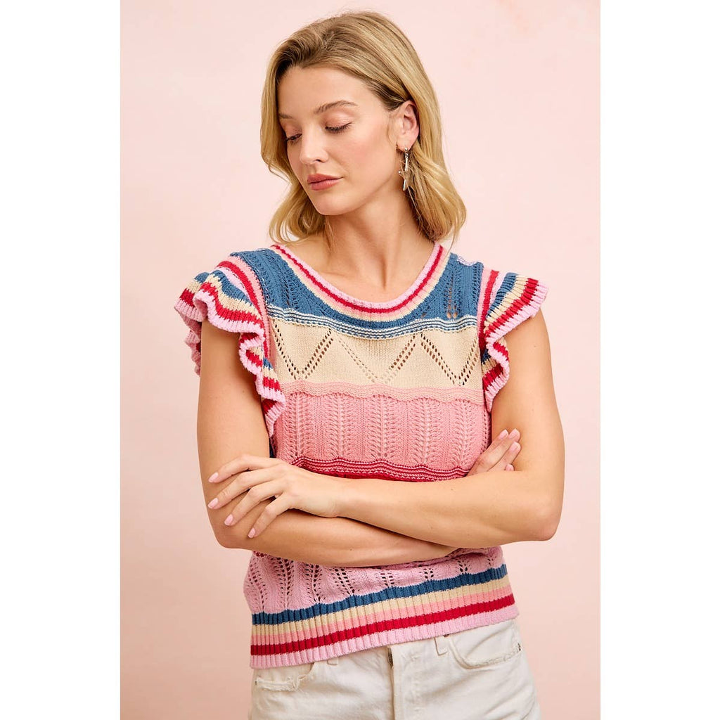 4TH OF JULY THEME MULTI COLORS RUFFLED SLEEVES TOP