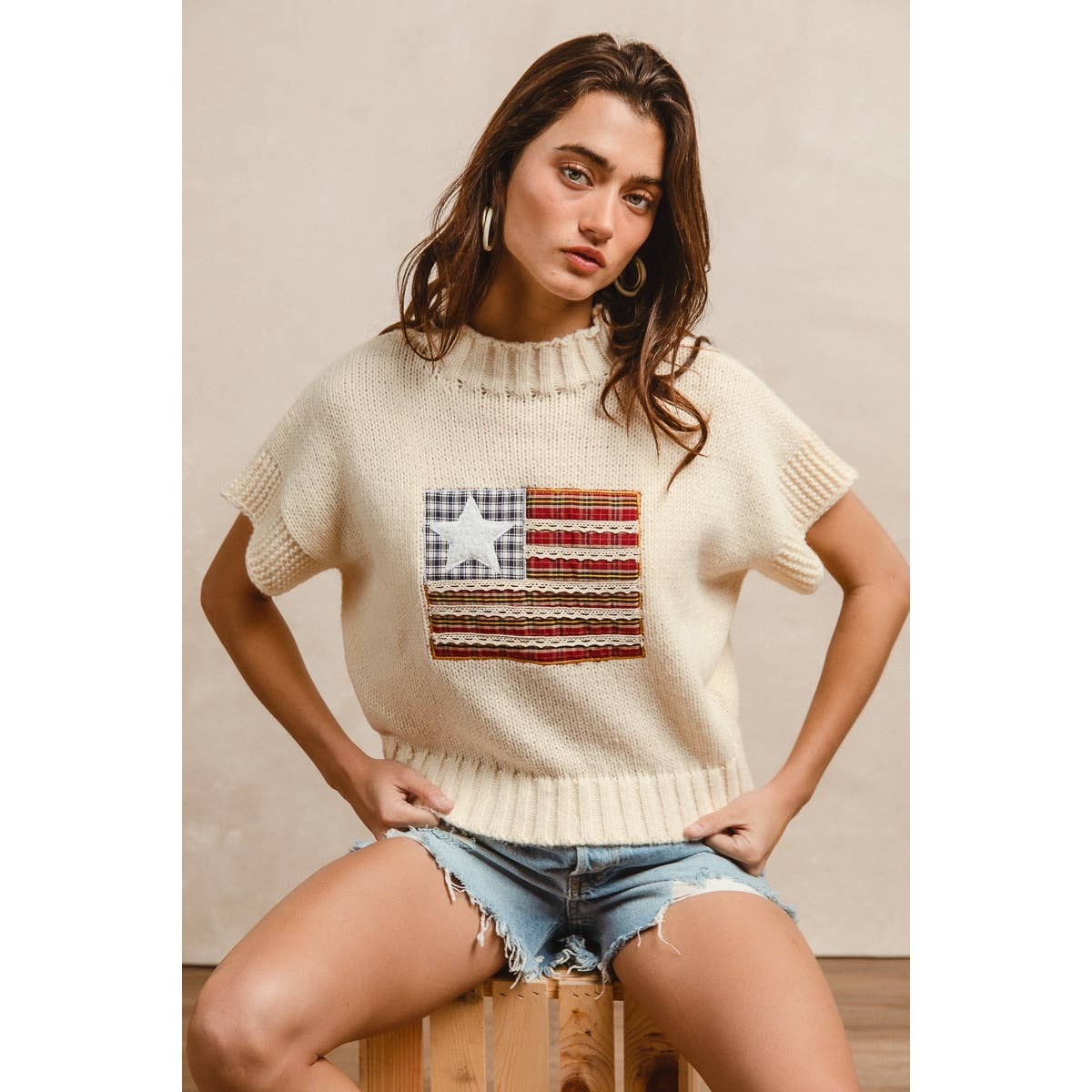 AMERICAN FLAG PATCHWORK DROP SHOULDER SWEATER