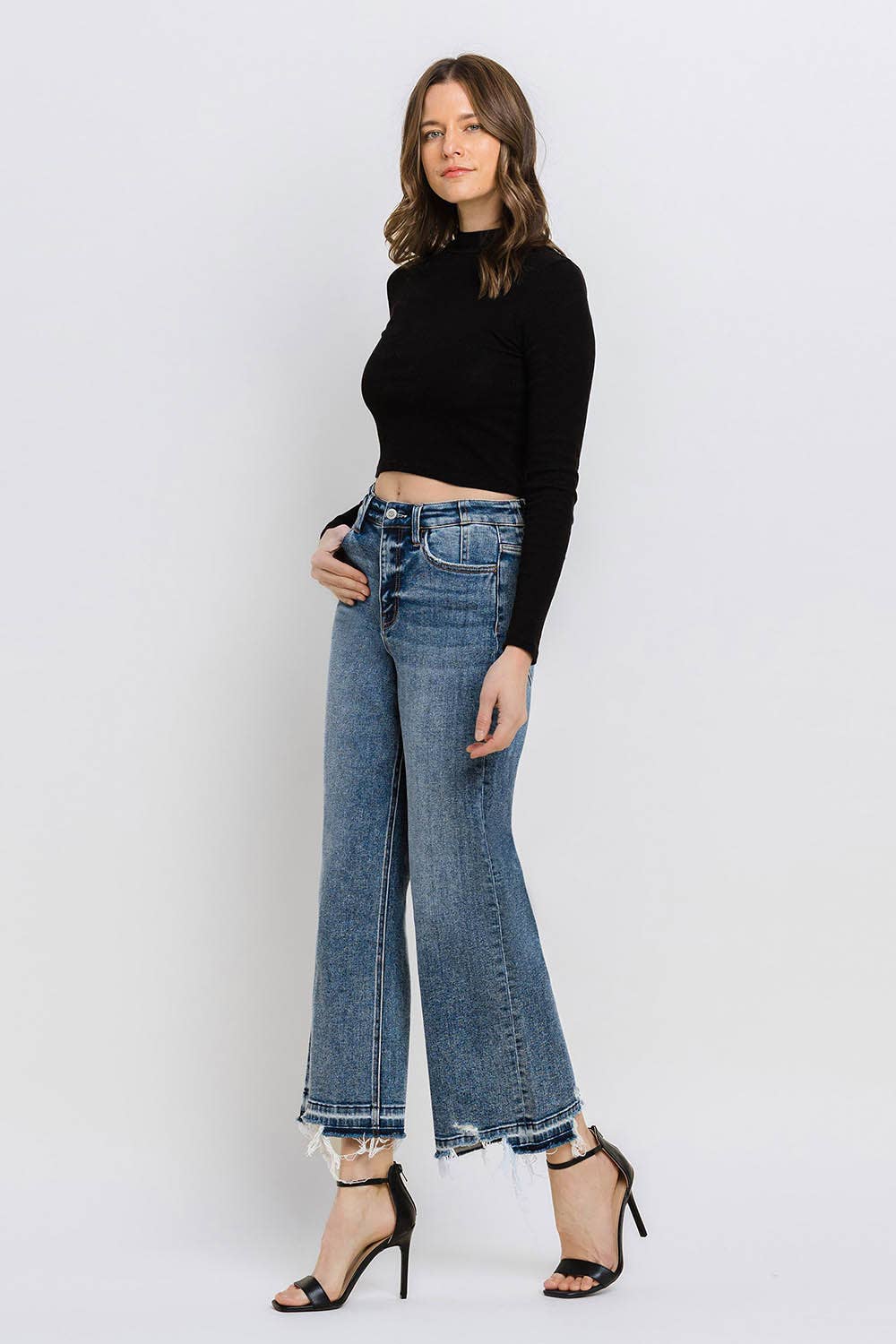 SUPER HIGH RISE UNEVEN RAW HEM CROP WIDE JEANS F5426