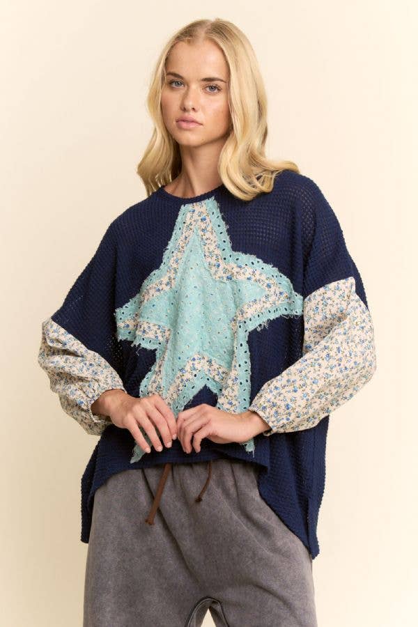 MULTI STAR PATCHWORK DITSY SLEEVE WAFFLE KNIT TOP