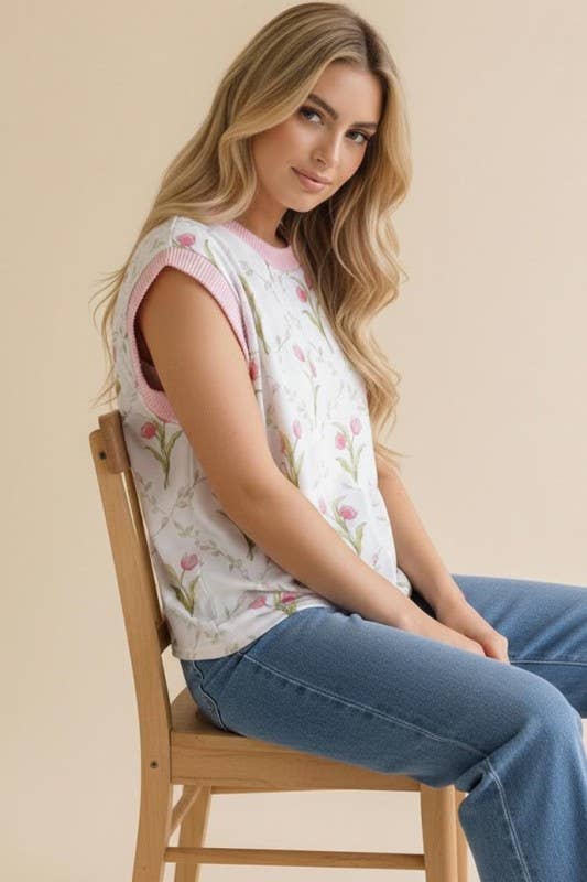 Drop Shoulder Short Sleeve Tulip Print Top