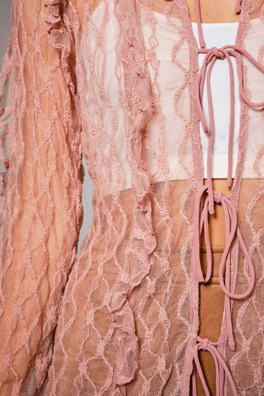 Sheer Ruffle Lace Tie Front Blouse