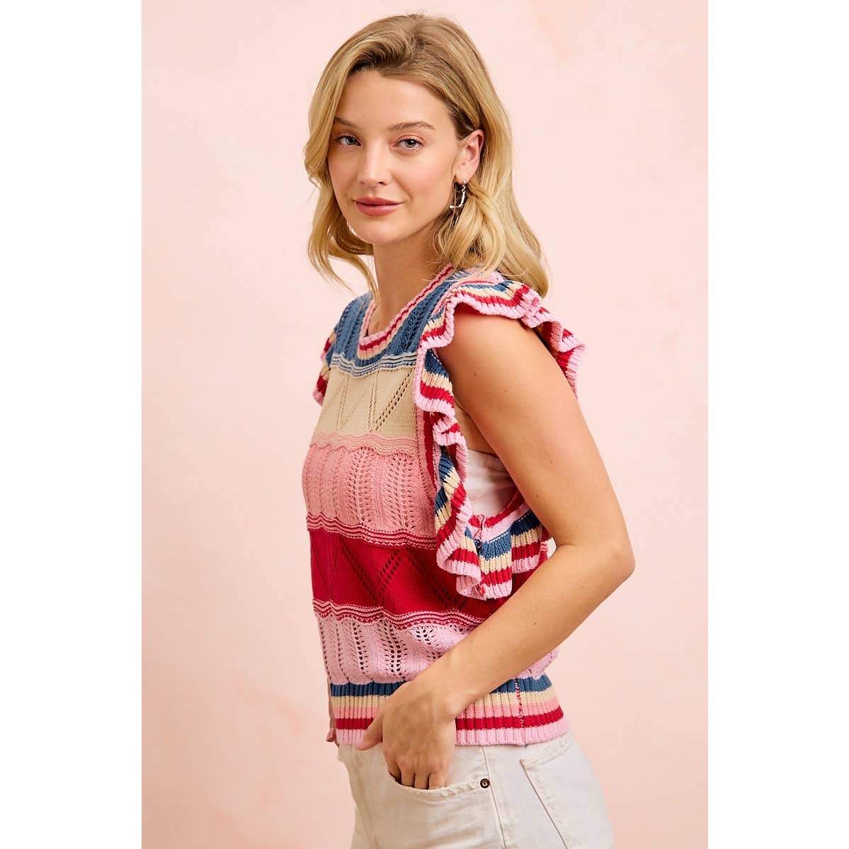4TH OF JULY THEME MULTI COLORS RUFFLED SLEEVES TOP