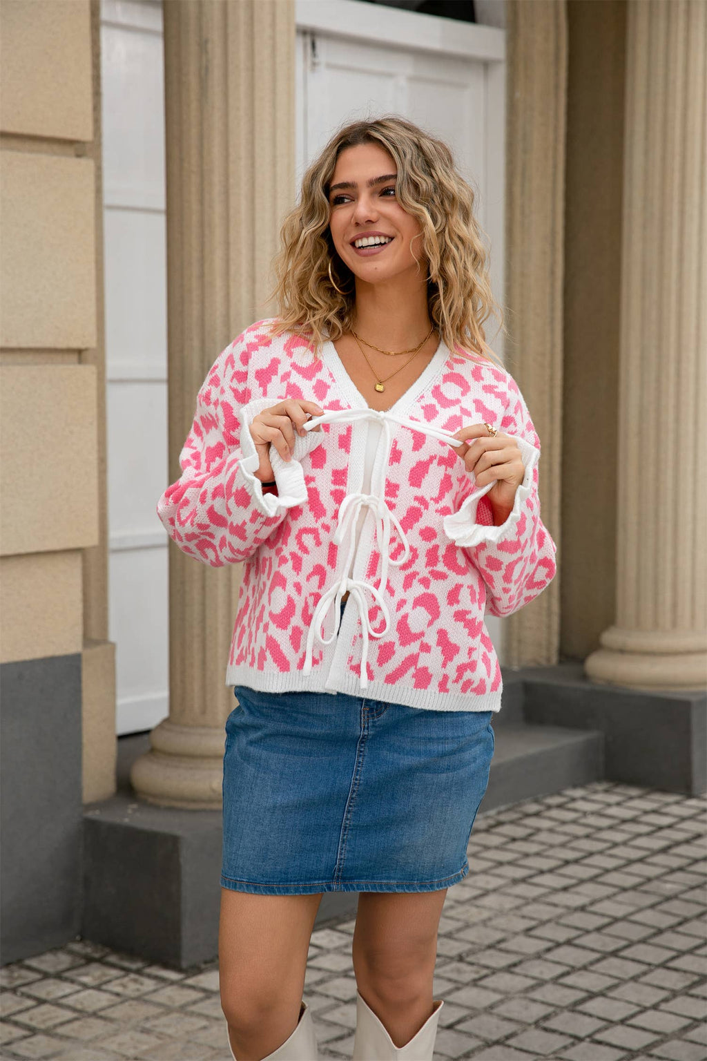 Leopard Knit Cropped Bow Cardigan