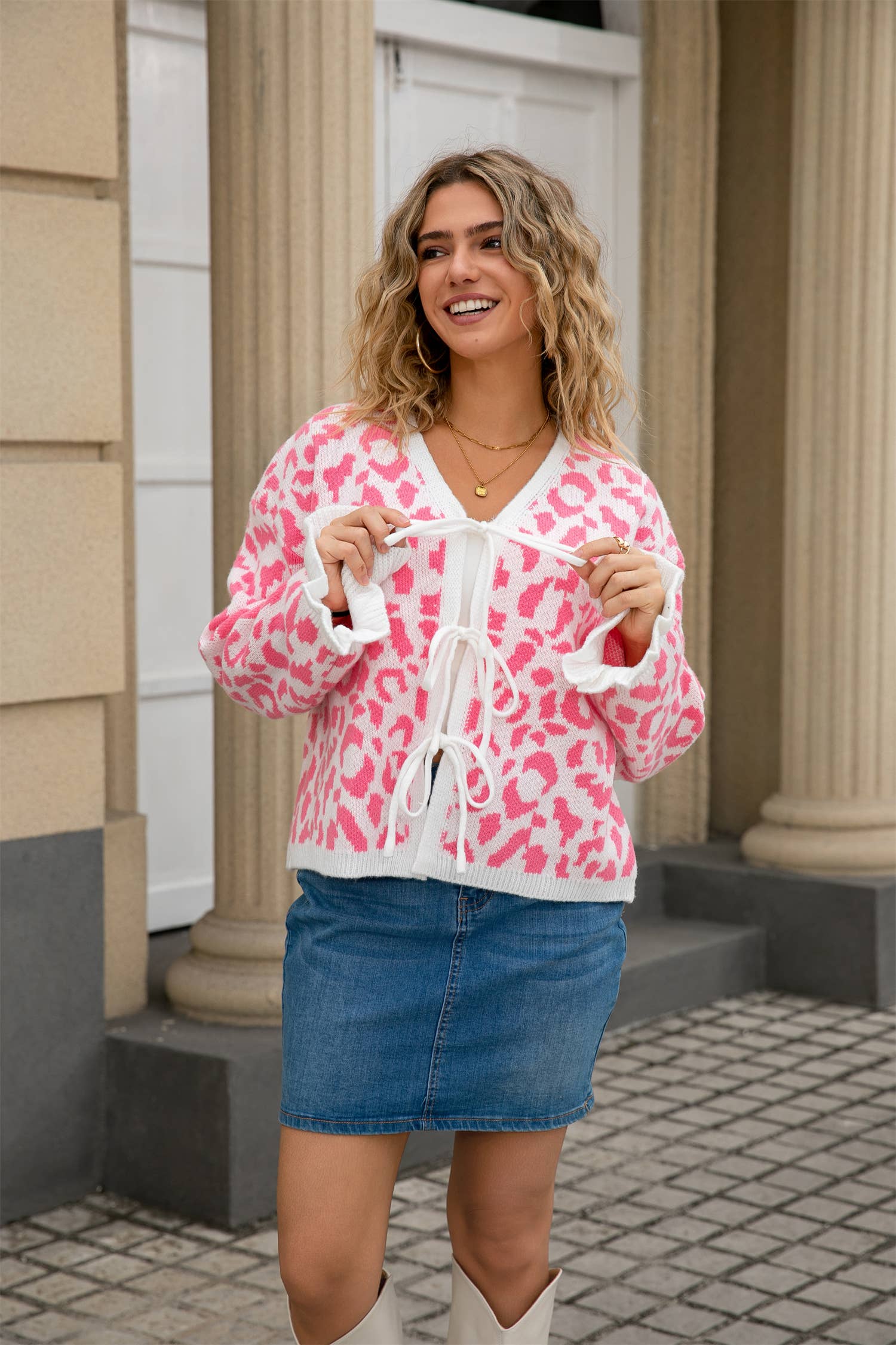 Leopard Knit Cropped Bow Cardigan
