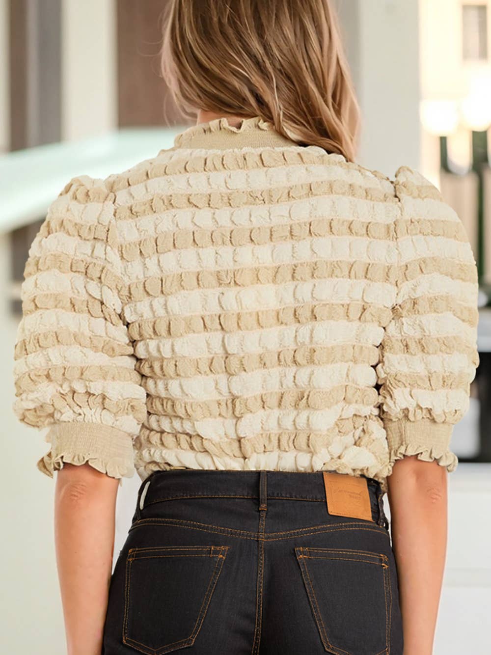 Textured Mock Neck Short Sleeve Blouse
