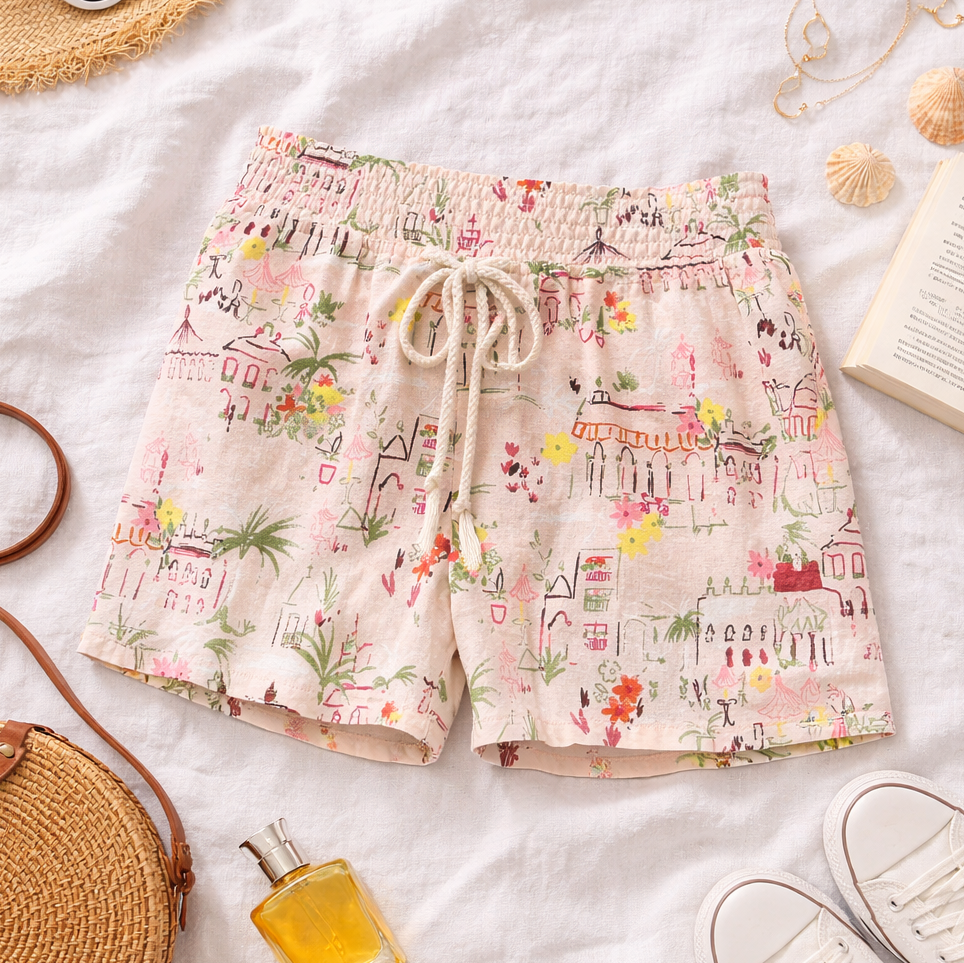 DRAWSTRING PRINTED SHORTS IN BLUSH