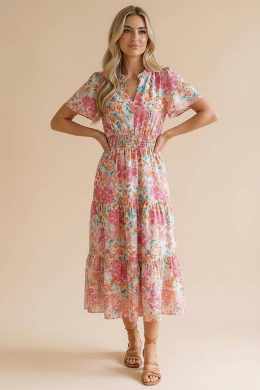 Notch Neck Smocked Waist Maxi Floral Dress