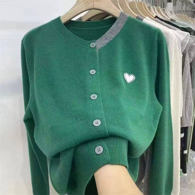 Heart Patch Color-Block Knit Cardigan