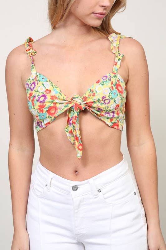 Floral Tie-Front Ruffle Strap Crop Top