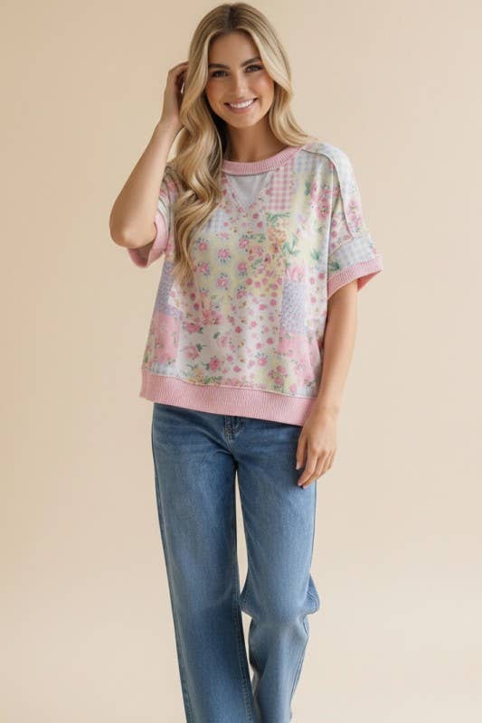 Plus Floral Patchwork Top With Triangle Detail