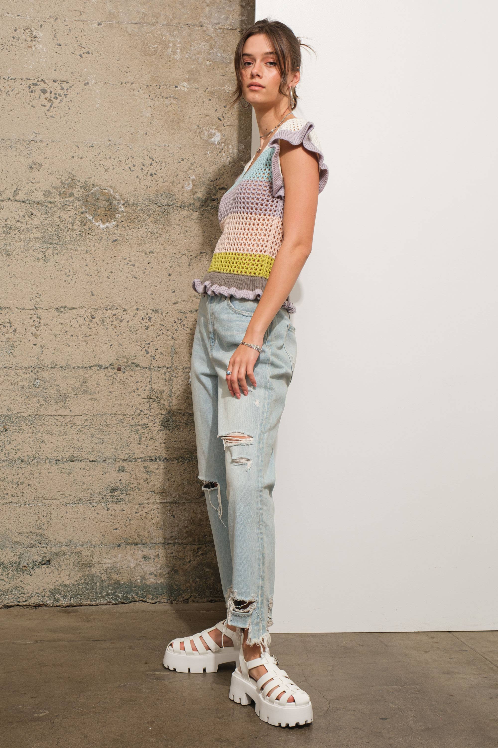 Crochet Knitted Multi Stripe Ruffle SLV Sweater Top