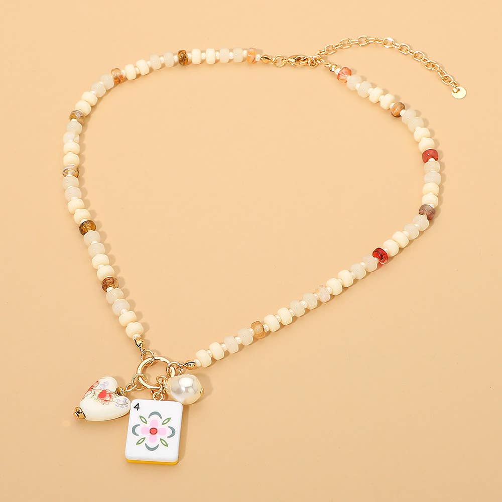 Mahjong Tile Charm Pearl Floral Bead Ball Charm Pendant Beaded Necklace