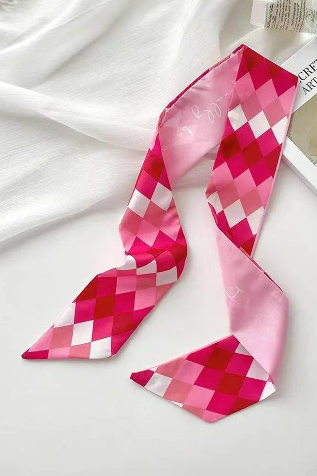 Red and White Rhombus Ribbon Hair Band Silky Scarf