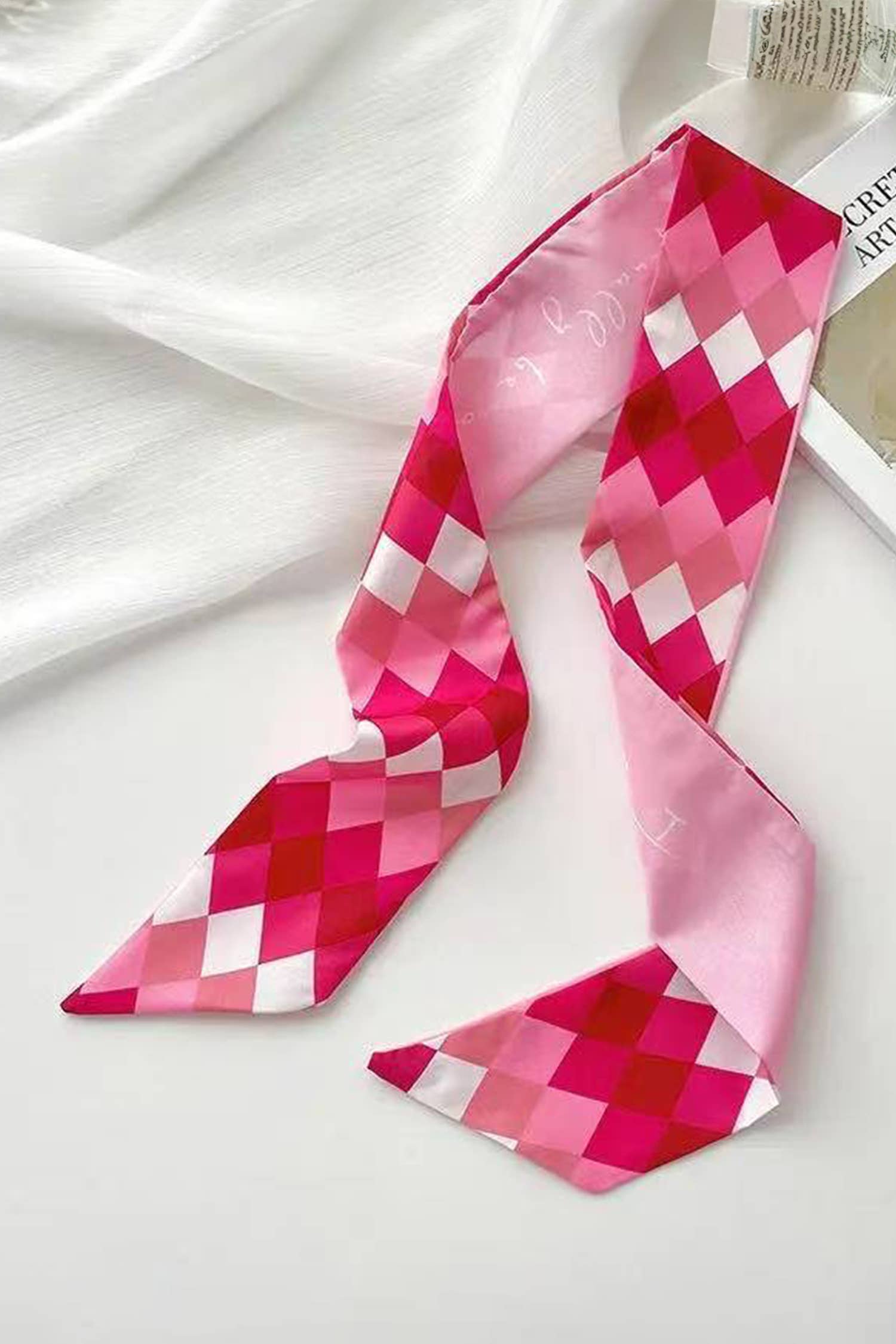 Red and White Rhombus Ribbon Hair Band Silky Scarf
