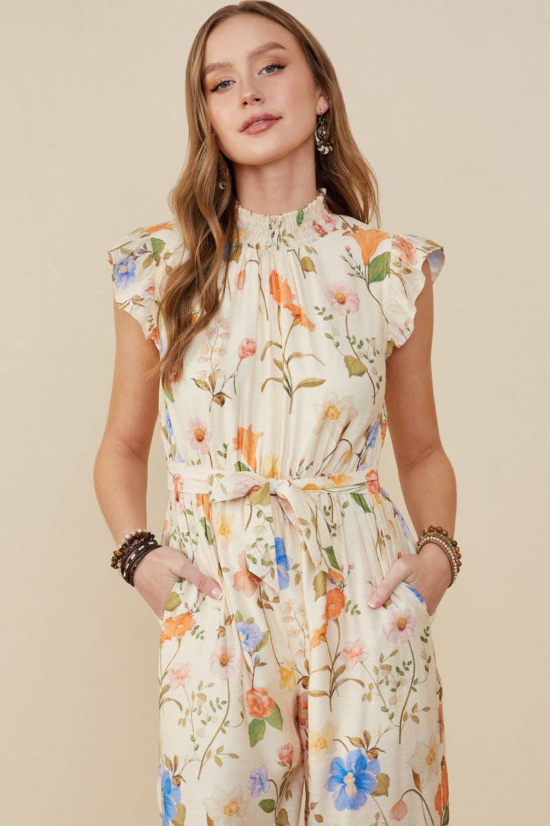 Womens Textured Floral Smock Neck Sleeveless Jumpsuit