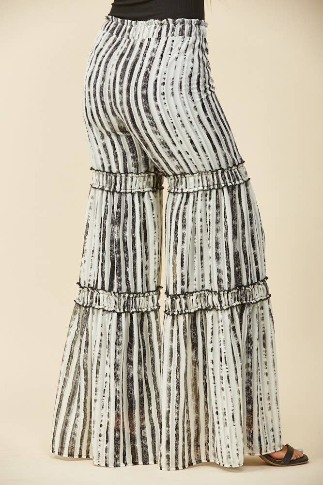 CHIFFON STRIPE PRINT TIERED PALAZZO PANTS