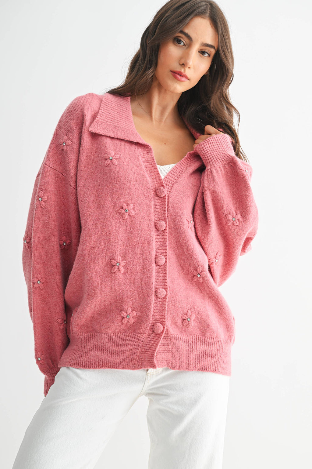 COZY PASTEL CARDGIAN WITH FLORAL EMBELLISHMENTS