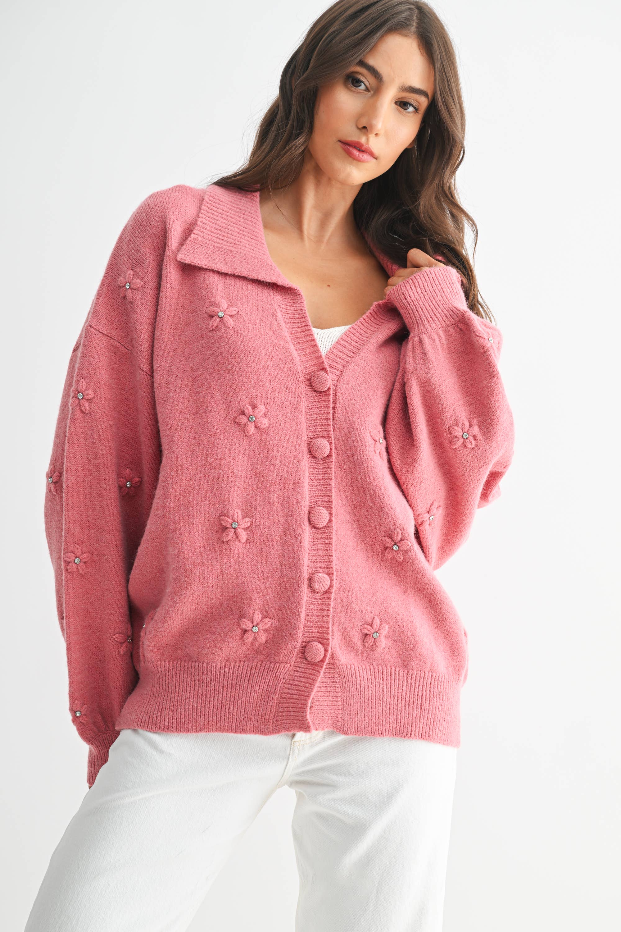 COZY PASTEL CARDGIAN WITH FLORAL EMBELLISHMENTS
