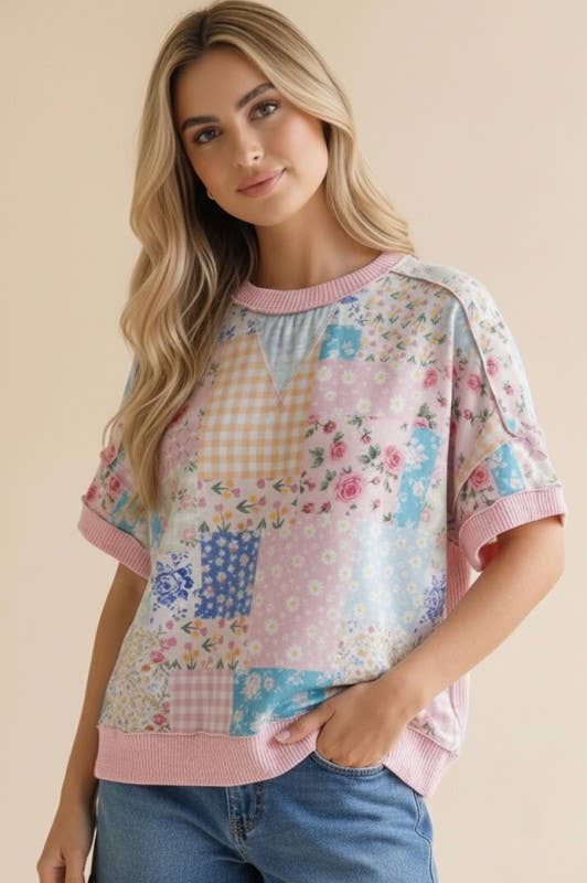 Plus Floral Patchwork Top With Triangle Detail