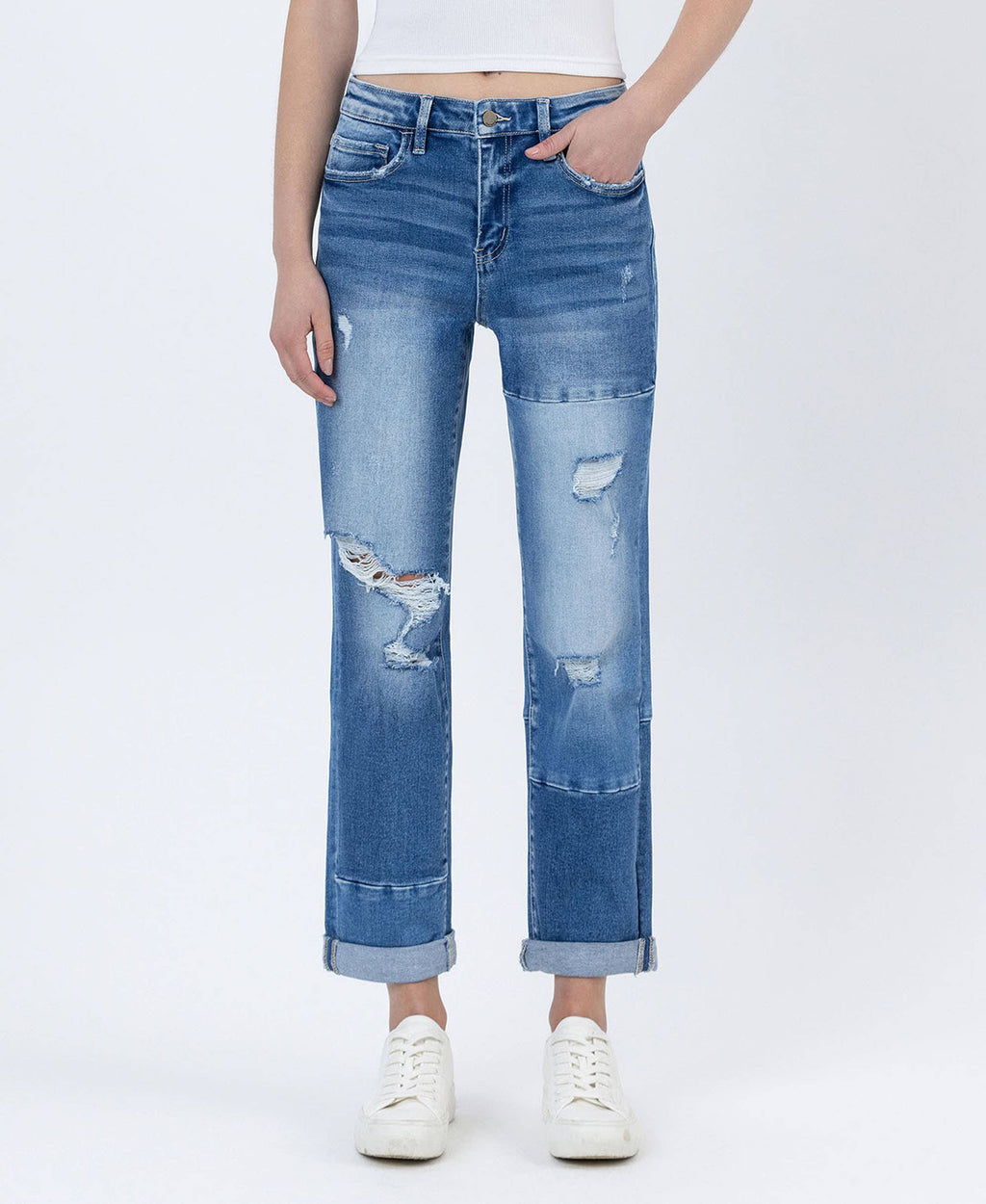 HIGH RISE COLOR BLOCK CUFFED BOYFRIEND JEANS - FLYING MONKEY