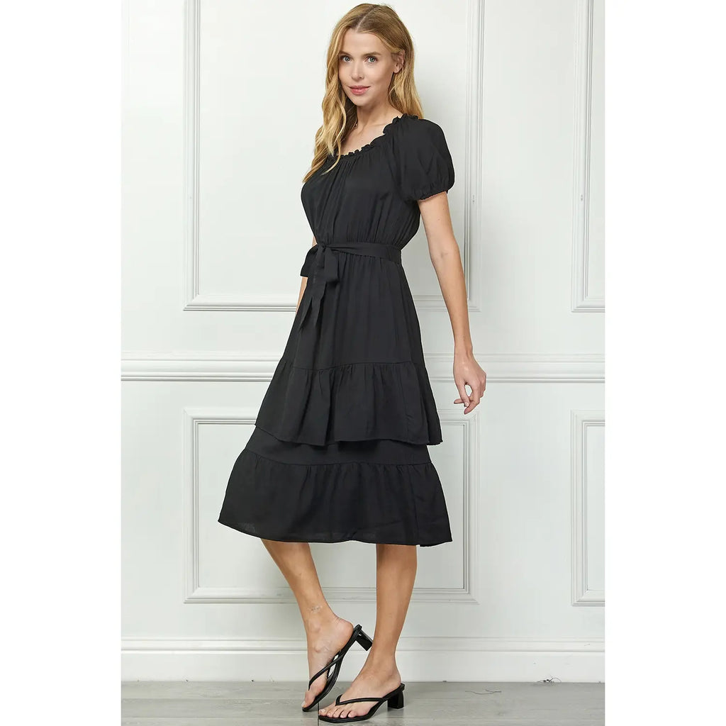 LINEN DOUBLE TIER PUFF SLEEV DRESS