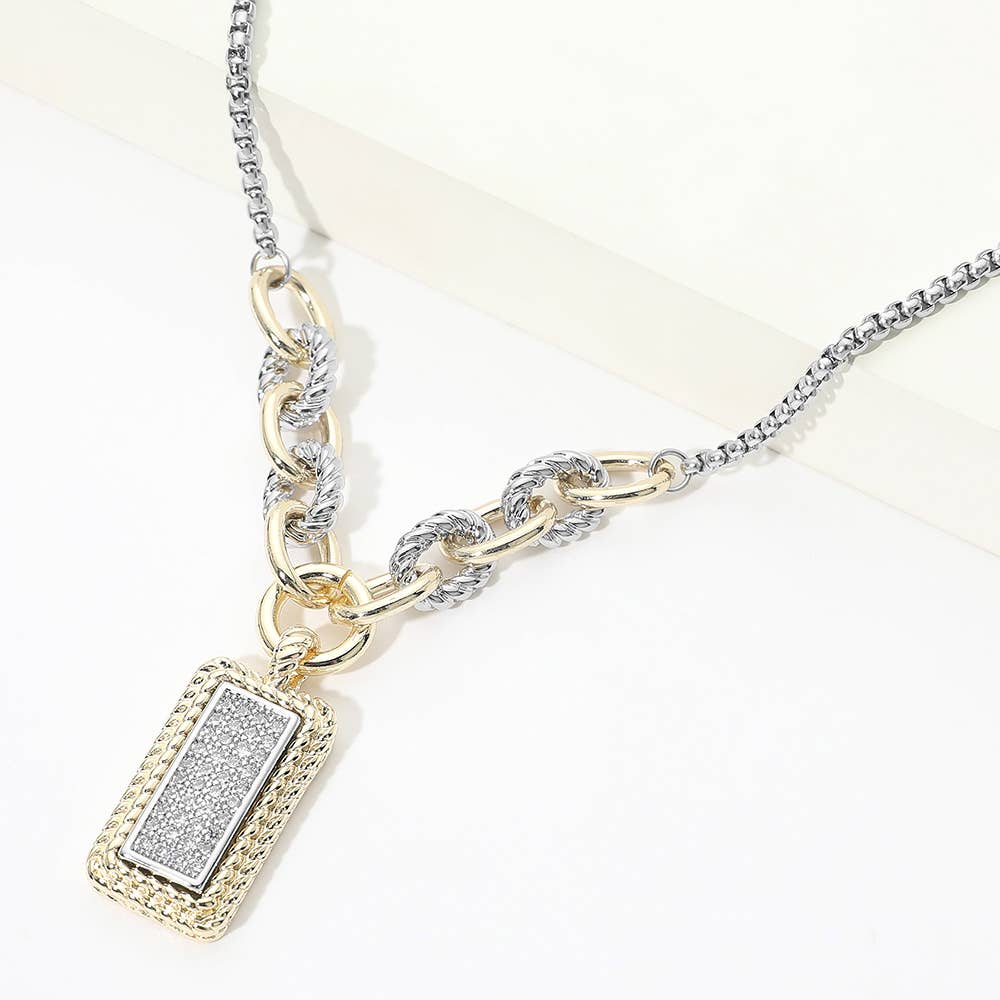 14K Gold Plated Two Tone CZ Pave Rectangle Pendant Necklace
