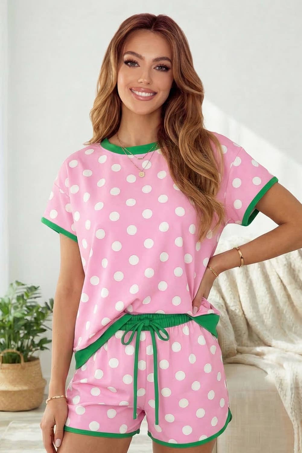 Polka Dot Contrast Edge Casual Short Set