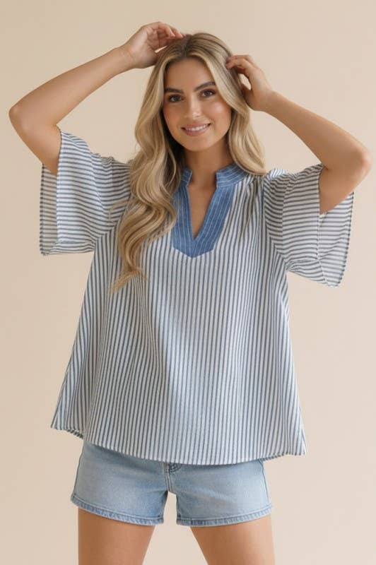 Plus Stitched Neck Band Flutter Sleeve Stripe Top