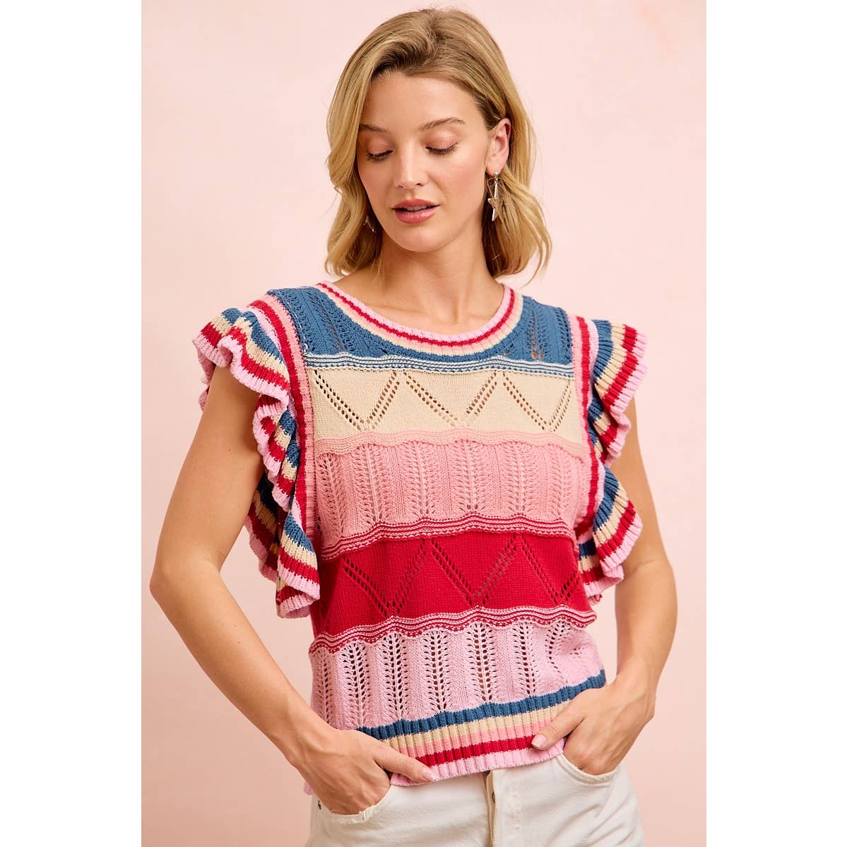 4TH OF JULY THEME MULTI COLORS RUFFLED SLEEVES TOP