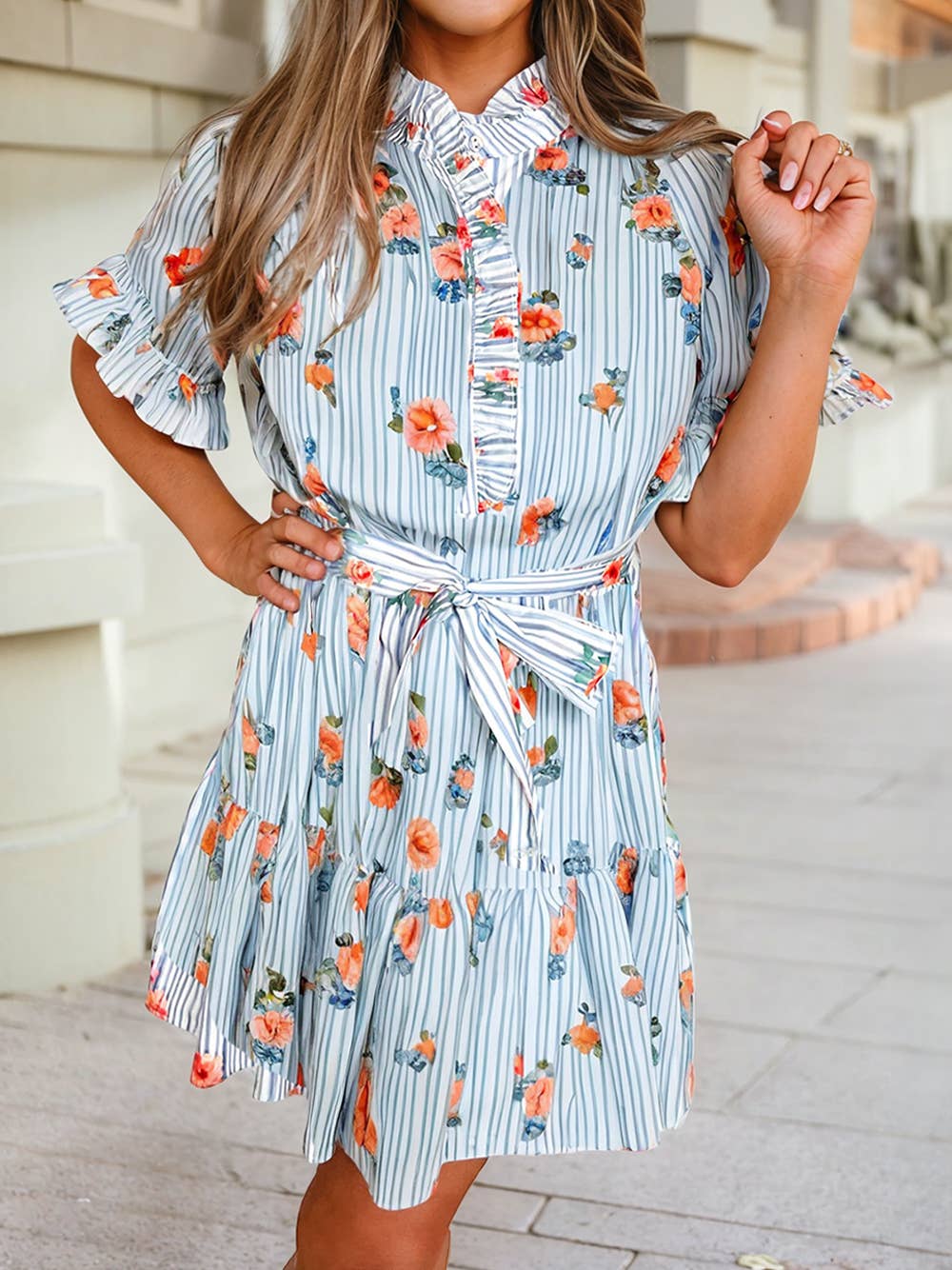 Stripe Floral Embroidery Ruffle Belted Mini Dress