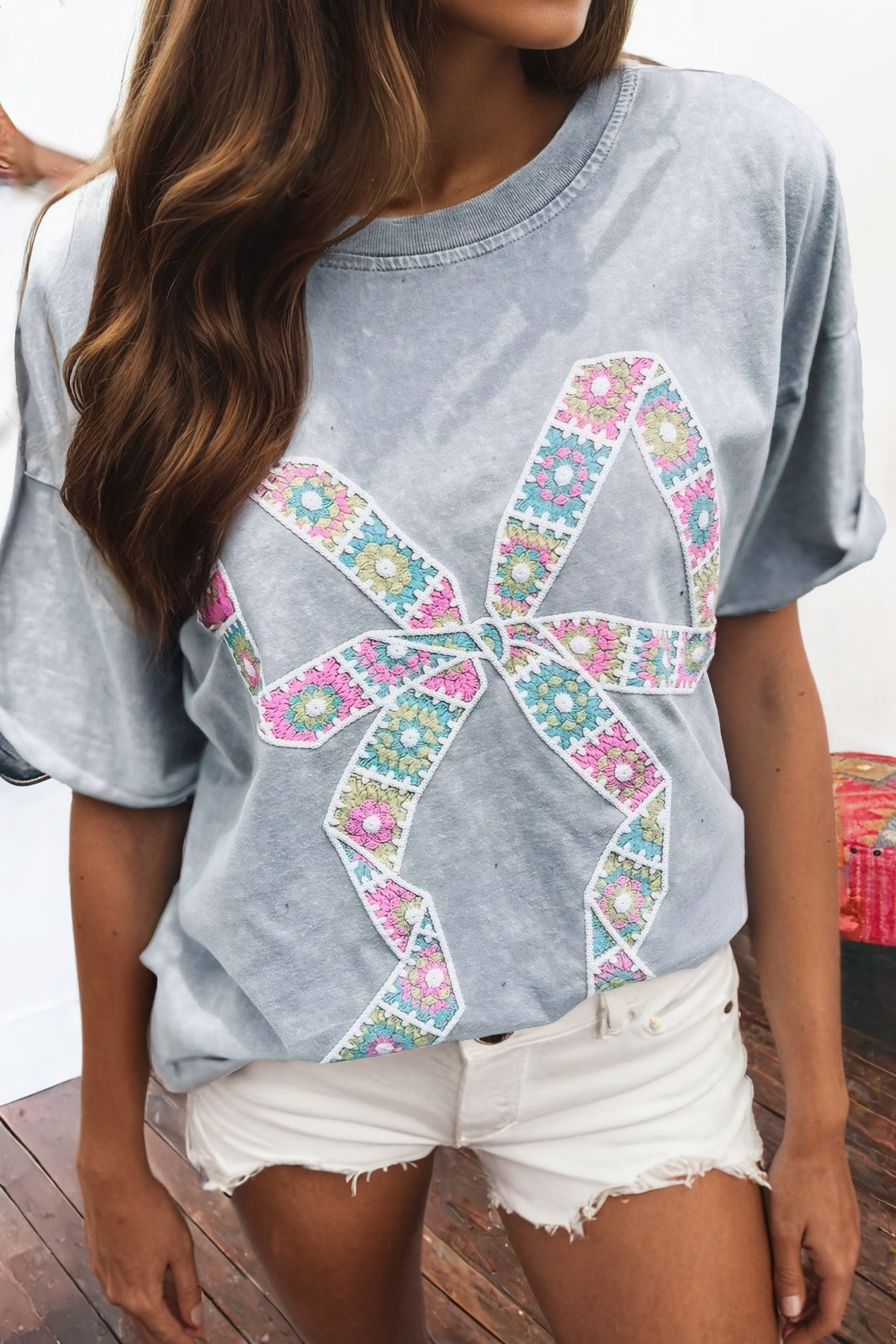 Floral Crochet Ribbon Bow Patched Mineral Wash T Shirt