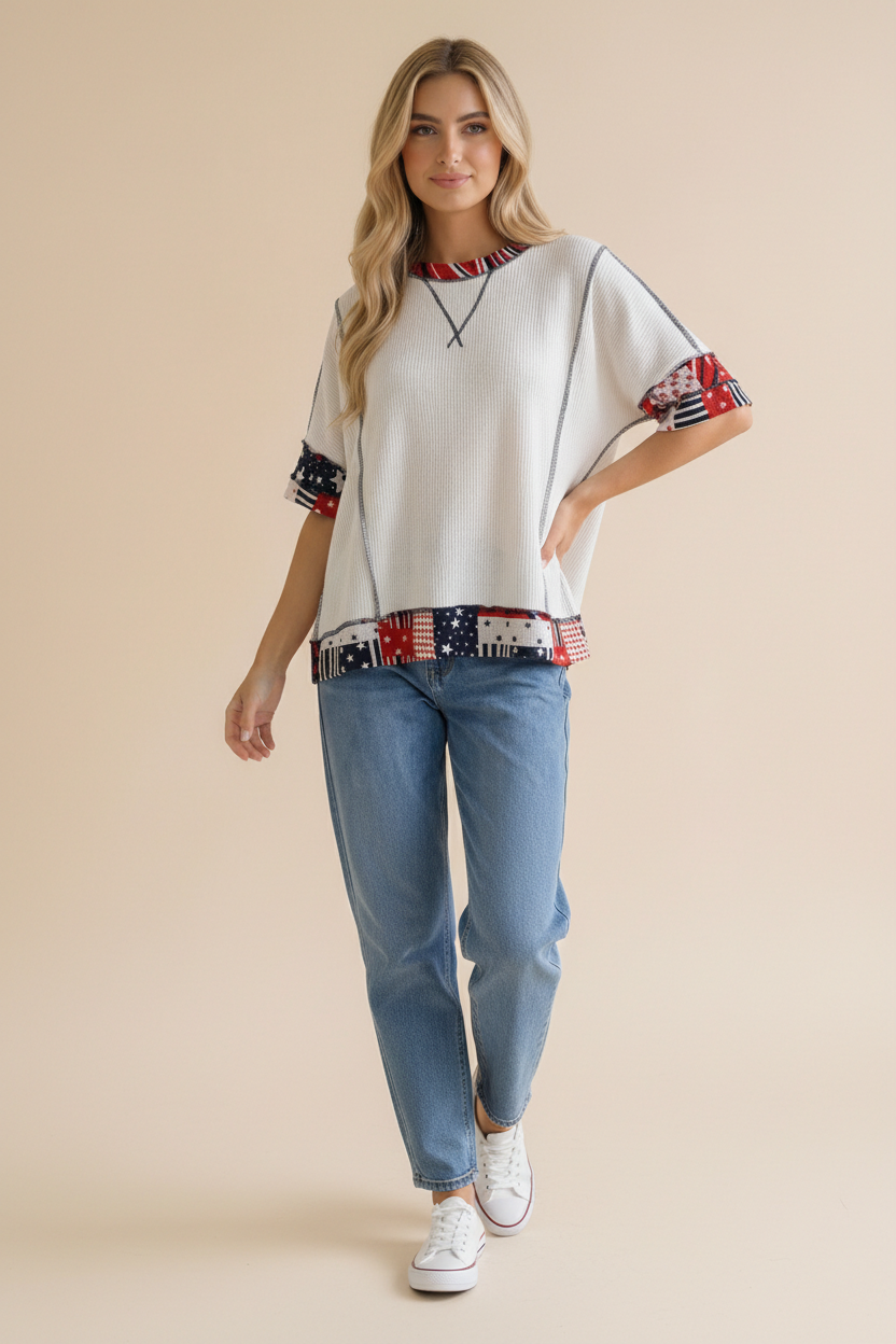 OVERSIZED PATRIOTIC COLOR BLOCK KNIT TOP