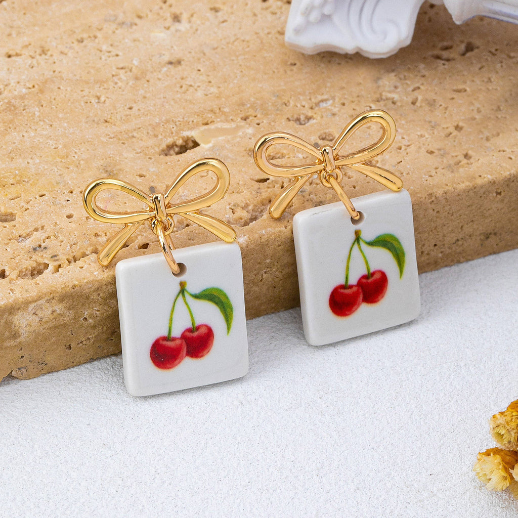 Gold Bow Drop Enamel Charm Statement Earrings