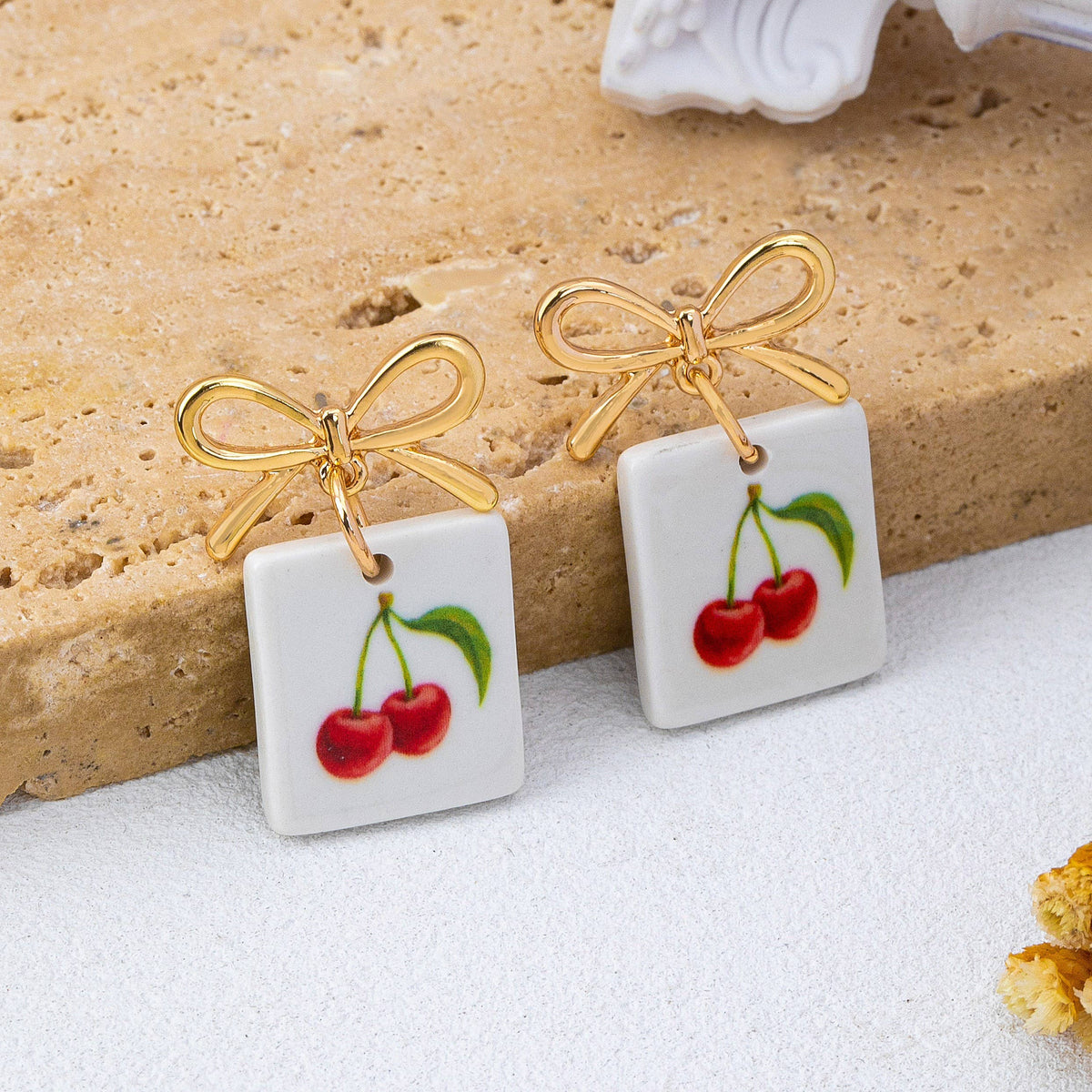 Gold Bow Drop Enamel Charm Statement Earrings