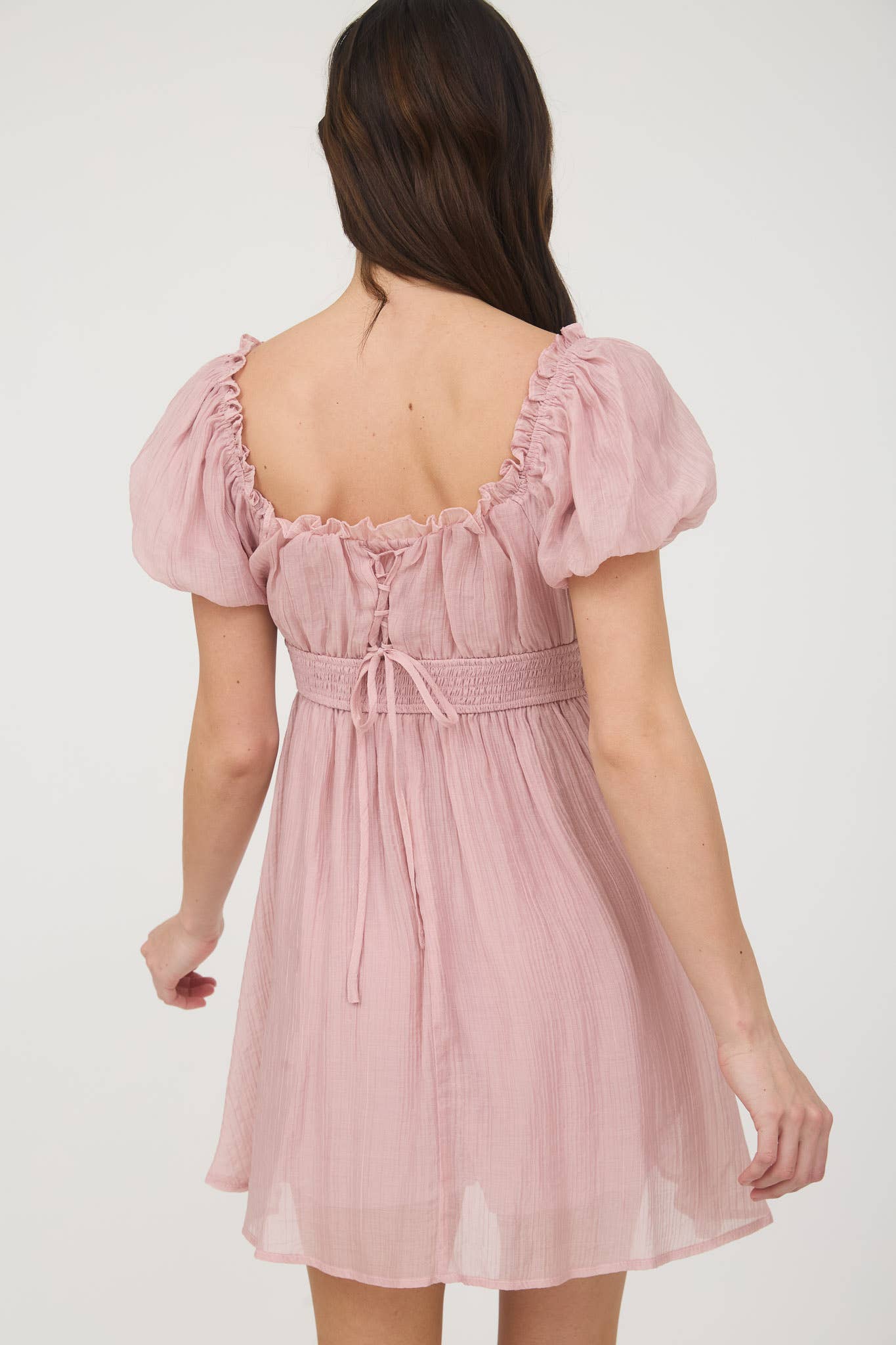 BALLOON SLEEVE RUFFLE TRIM BACK LACE UP MINI DRESS