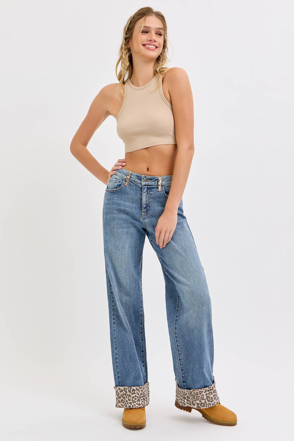 Mid Rise Wide Leg with Leopard Cuff [AM99827T]