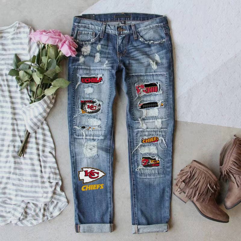 Chief Jeans Game Day Distressed Denim Jeans with Printed Patches