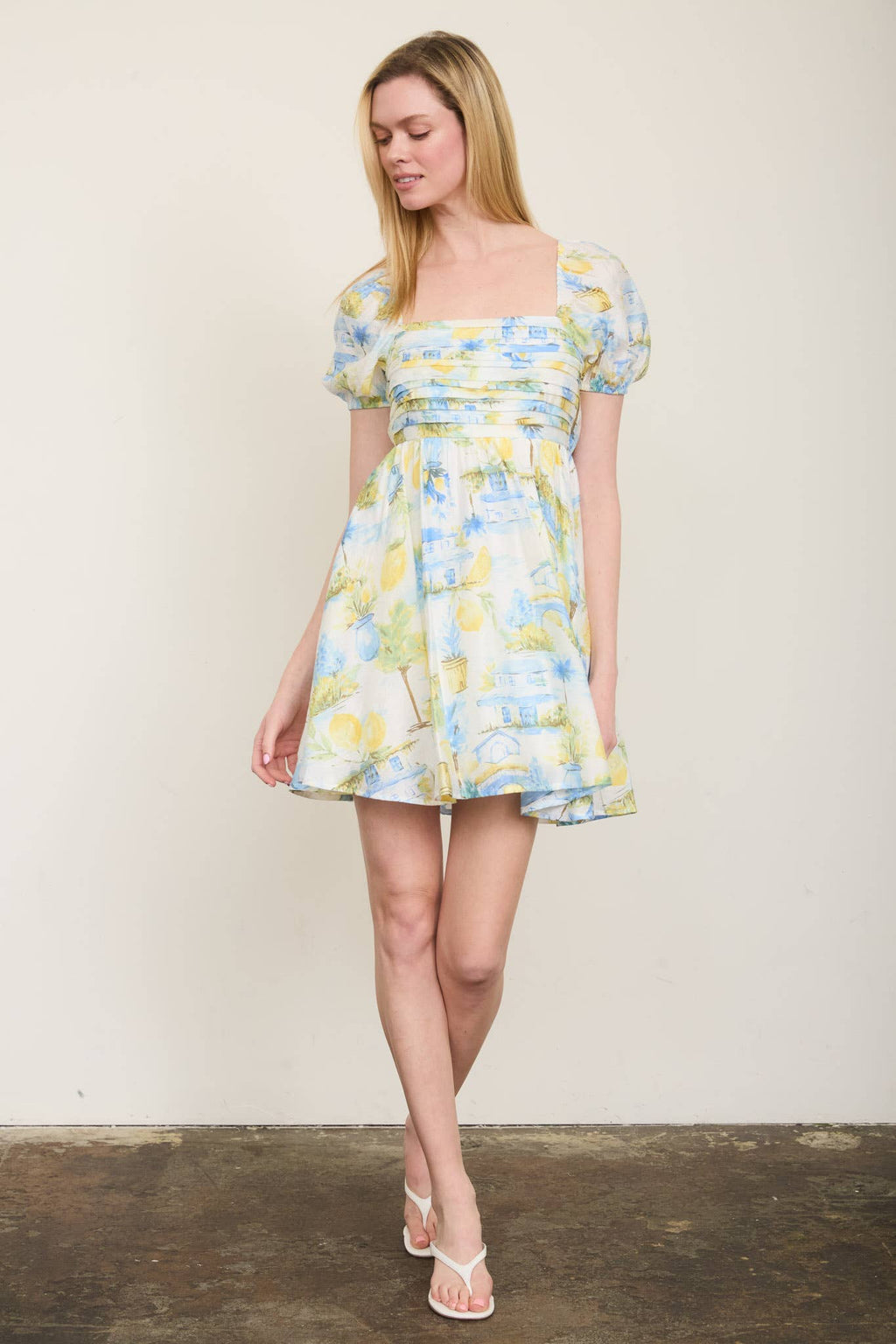 LEMON PRINT PLEATED SHORT PUFF SLEEVE MINI DRESS