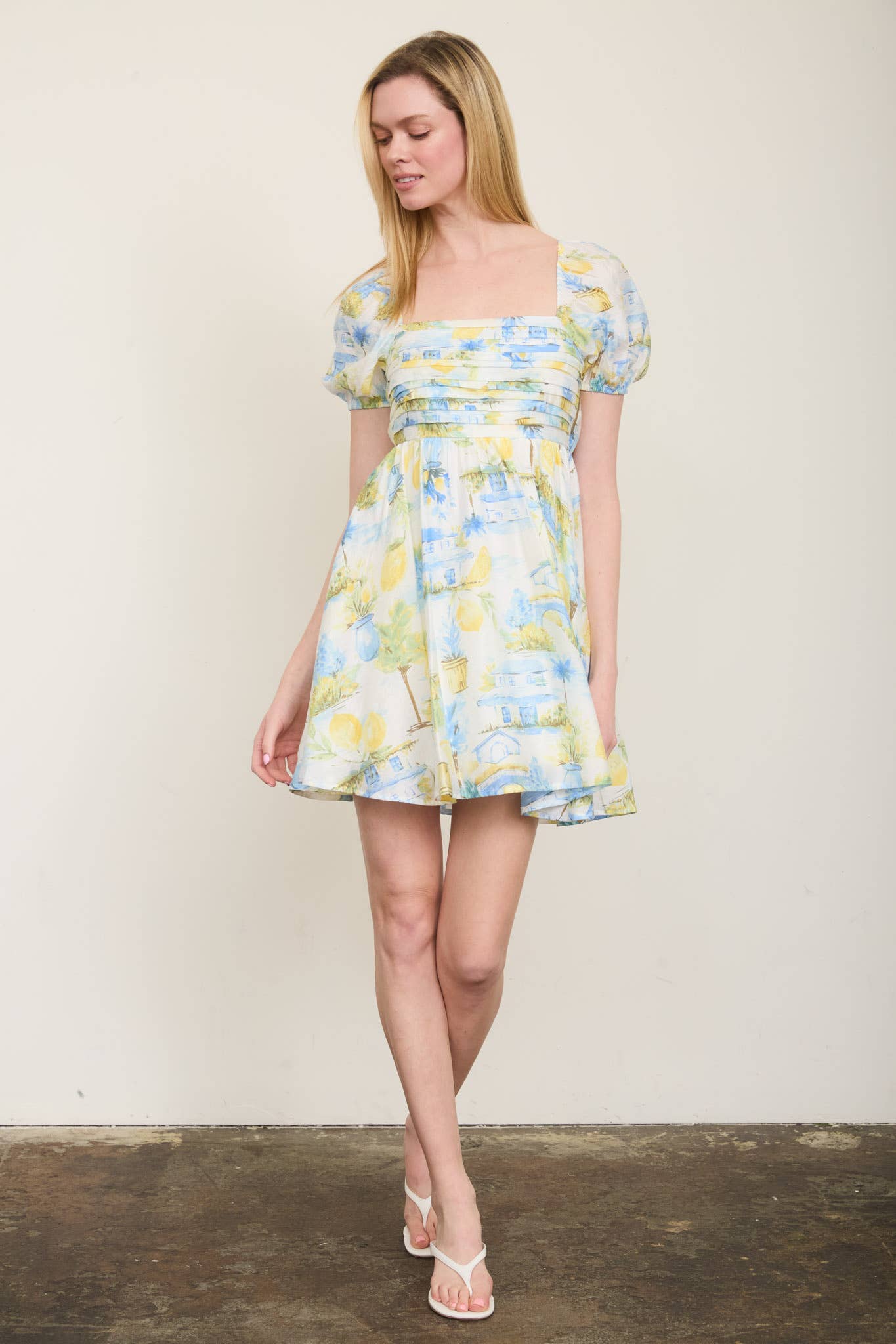 LEMON PRINT PLEATED SHORT PUFF SLEEVE MINI DRESS