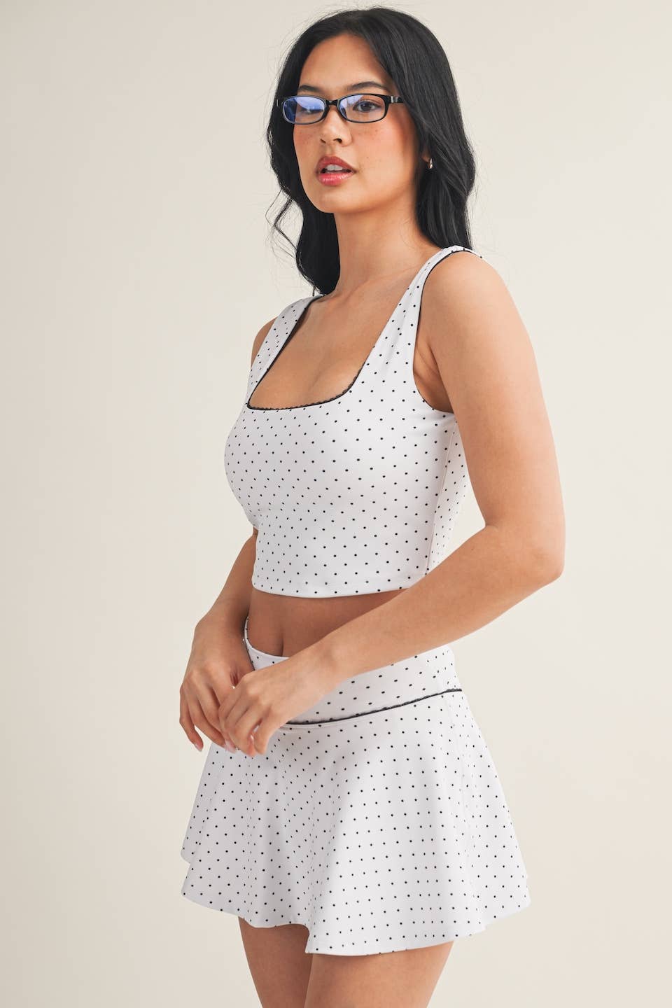 Polka Dot Print Crop Tank with Lace Trim