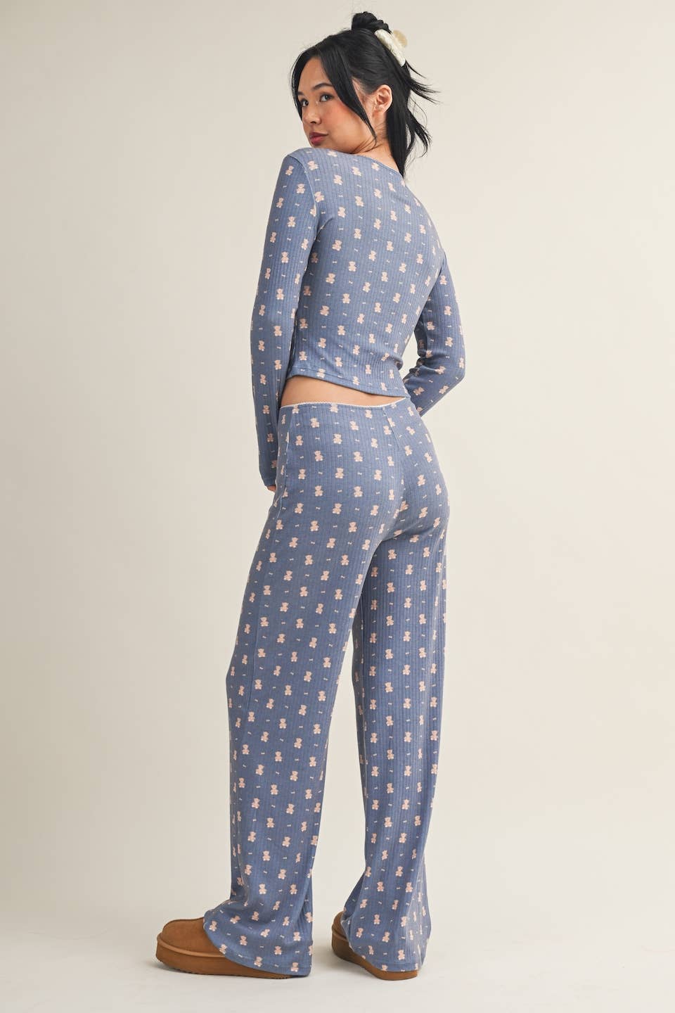 Crewneck Teddy Bear Print Pointelle Lounge Set