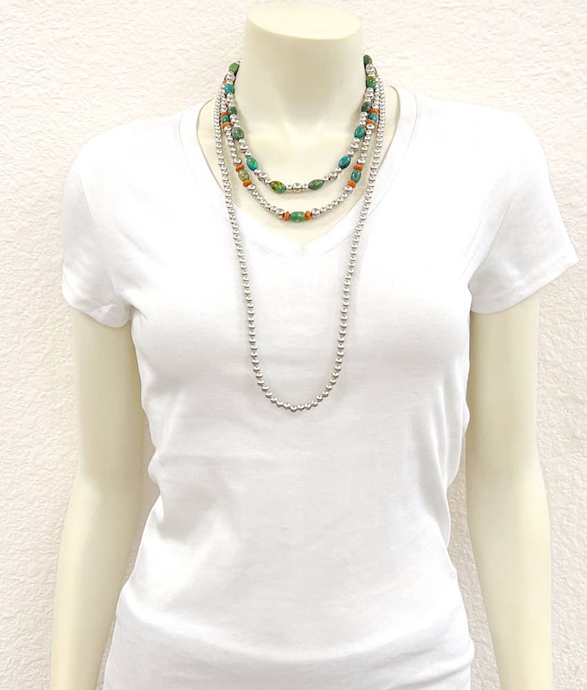 738563, Handmade Turquoise, Silver Navajo Bead Necklace