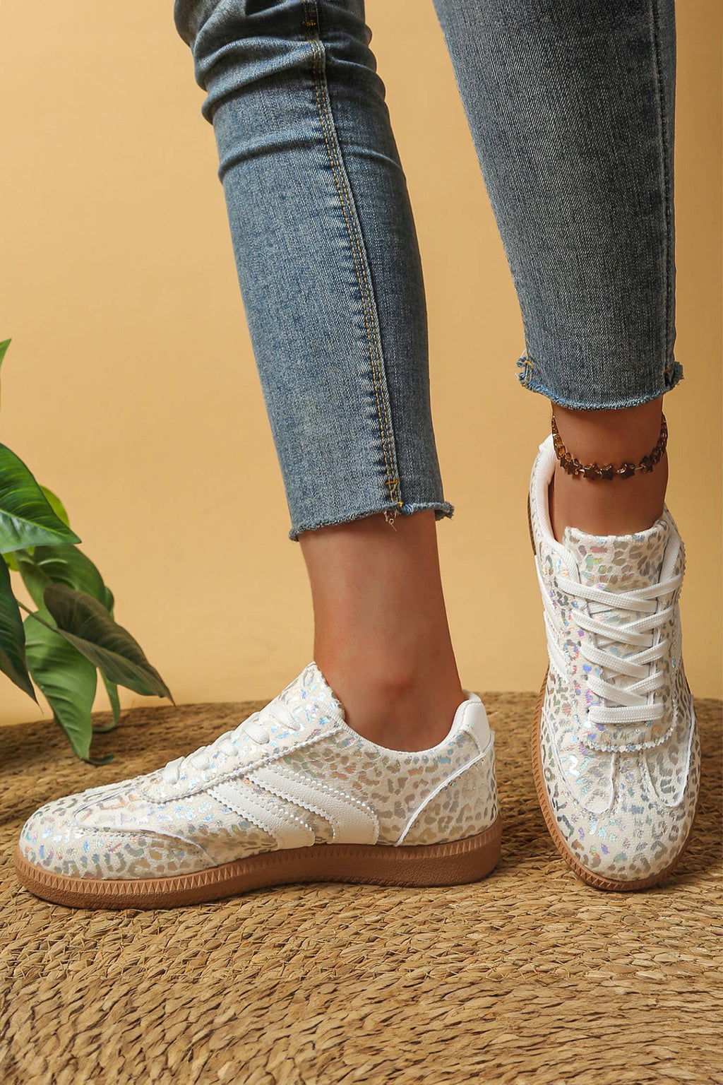 Leather Detail Shimmer Leopard Printed Lace-up Sneakers