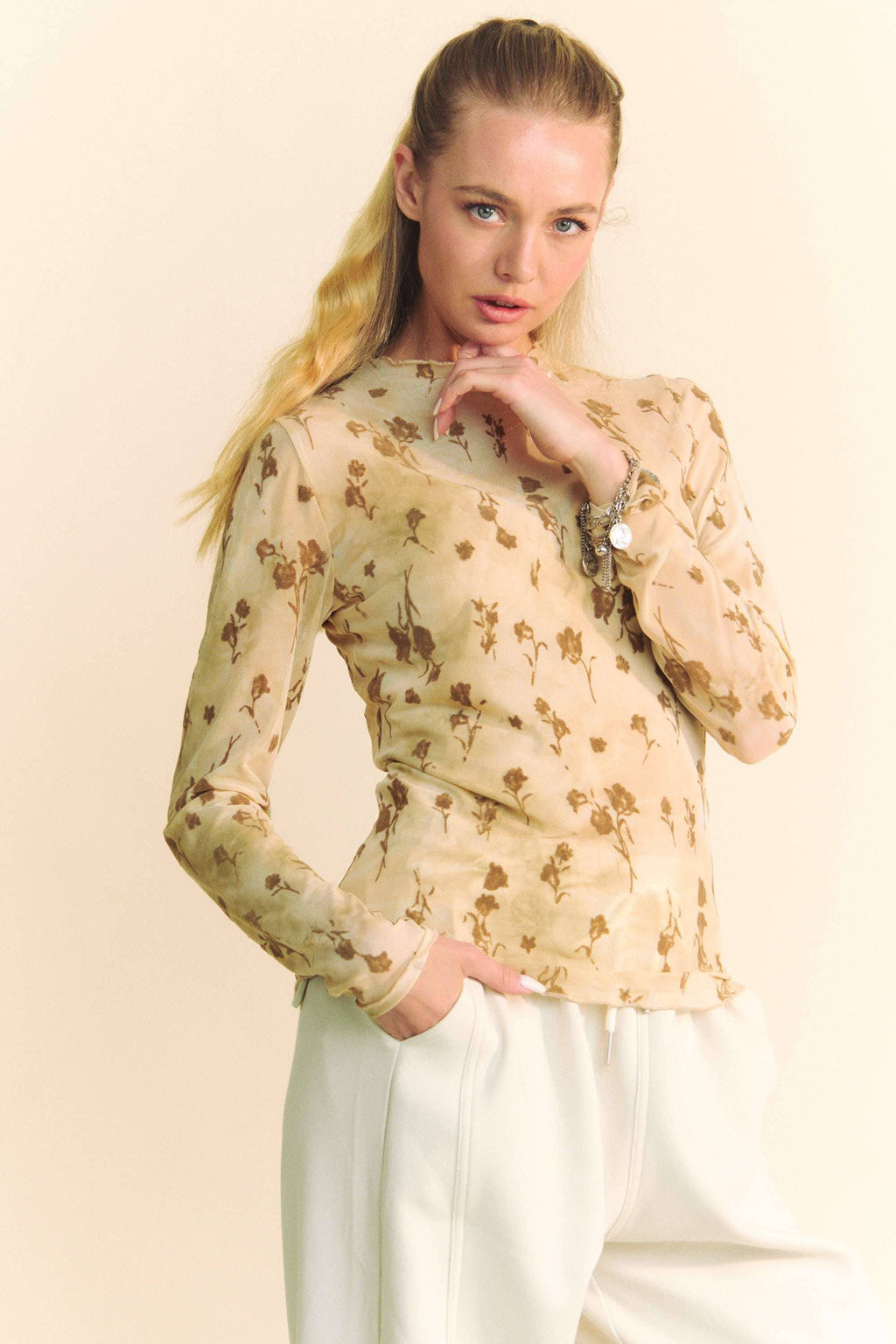 FLORAL MESH LONG SLEEVE SHEER LAYERING TOP