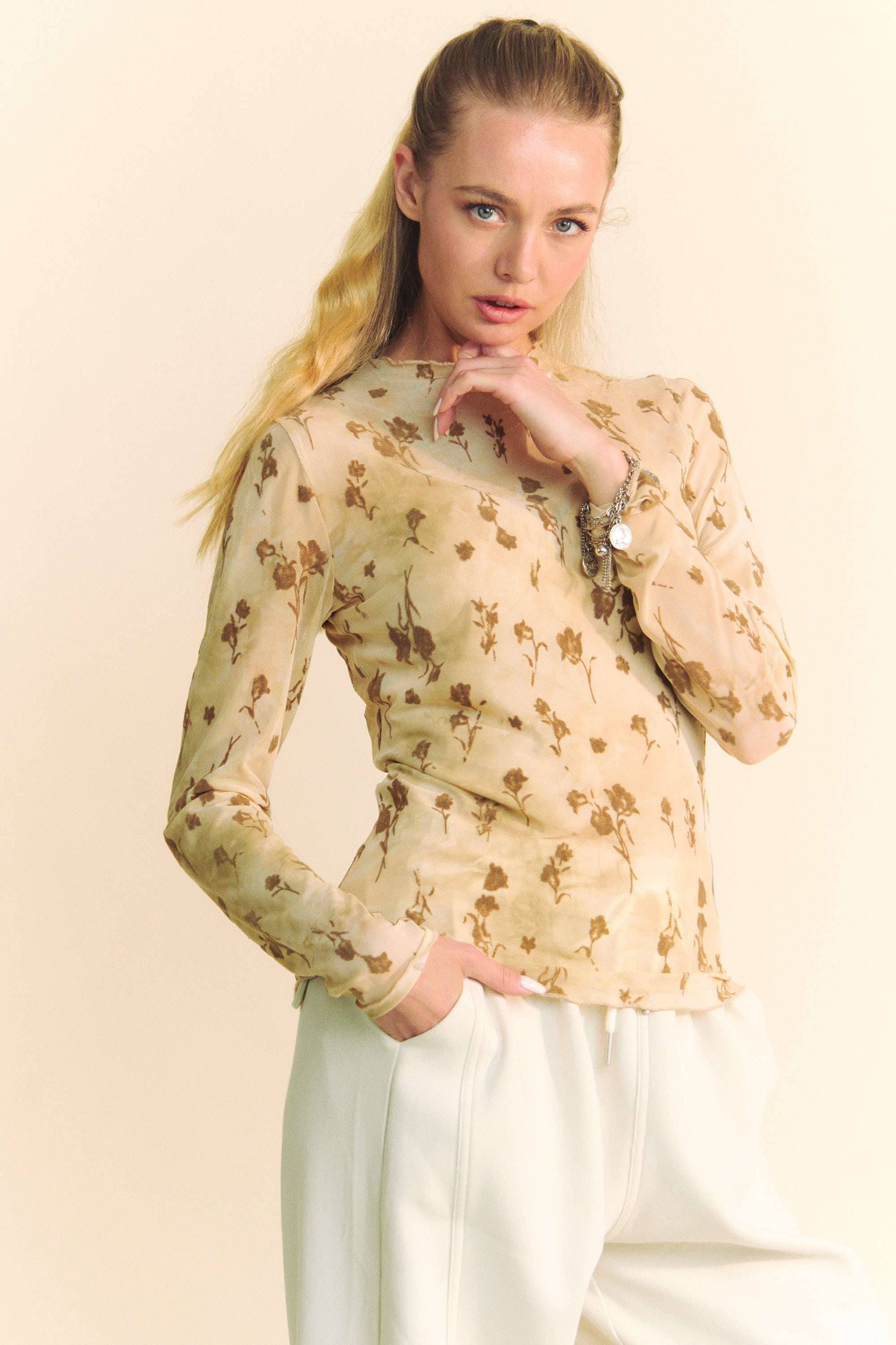 FLORAL MESH LONG SLEEVE SHEER LAYERING TOP