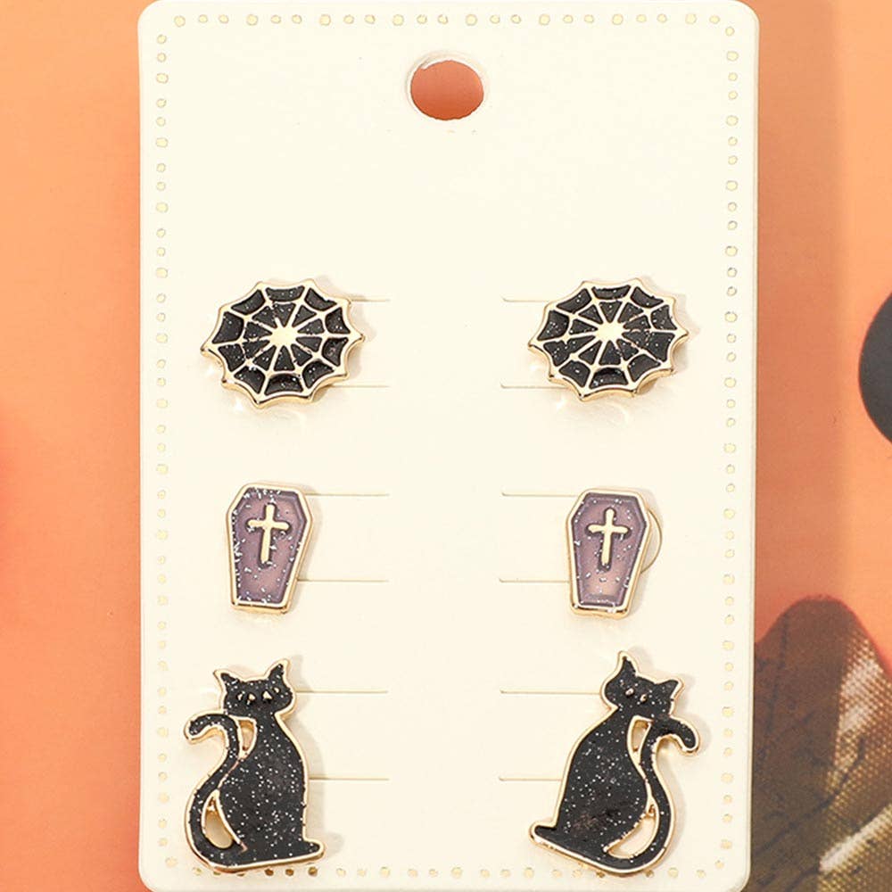 3Pairs - Halloween Black Cat Spider Web Coffin Stud Earring Set