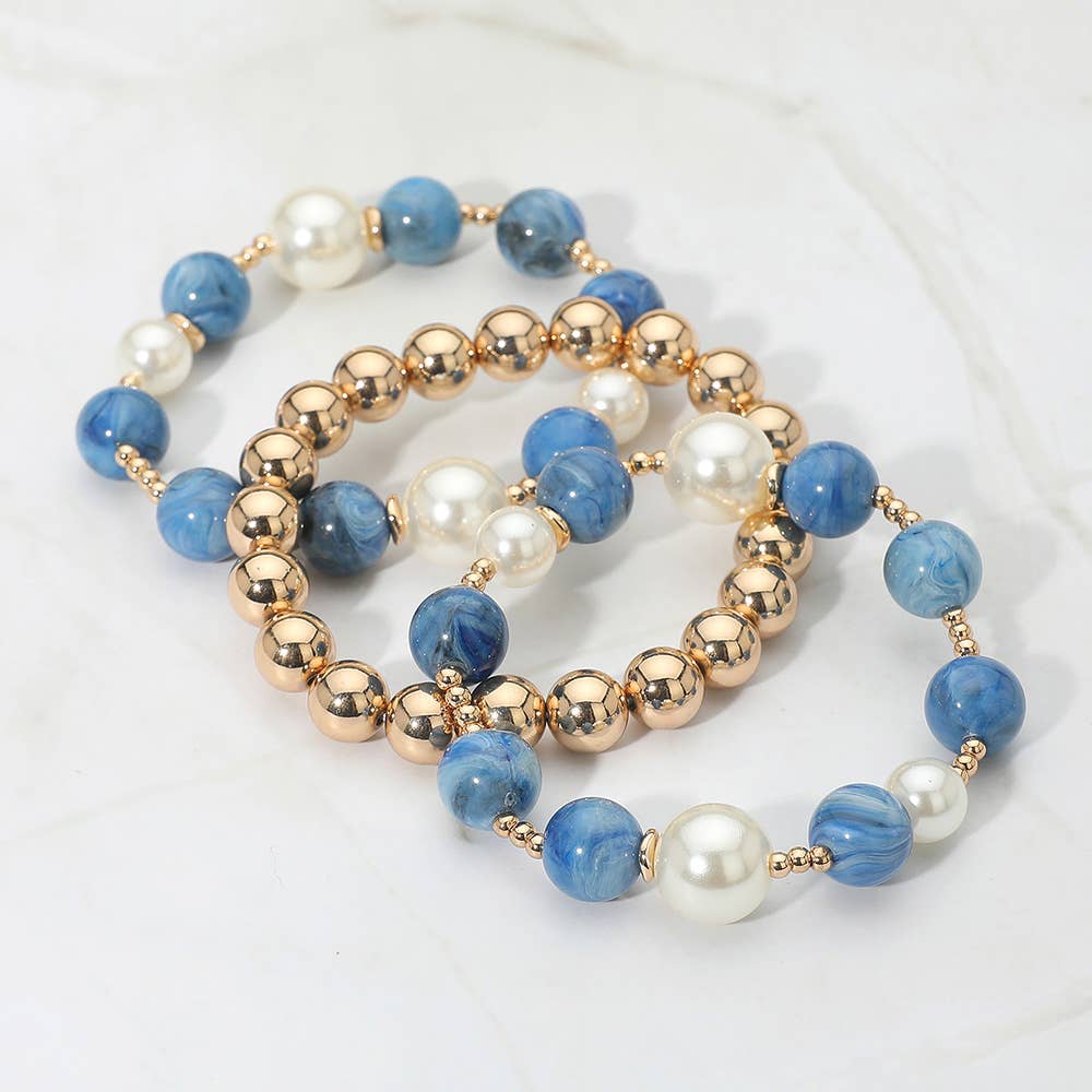 3PCS - Round Pearl Mixed Beaded Stretch Multi Layered Bracelets
