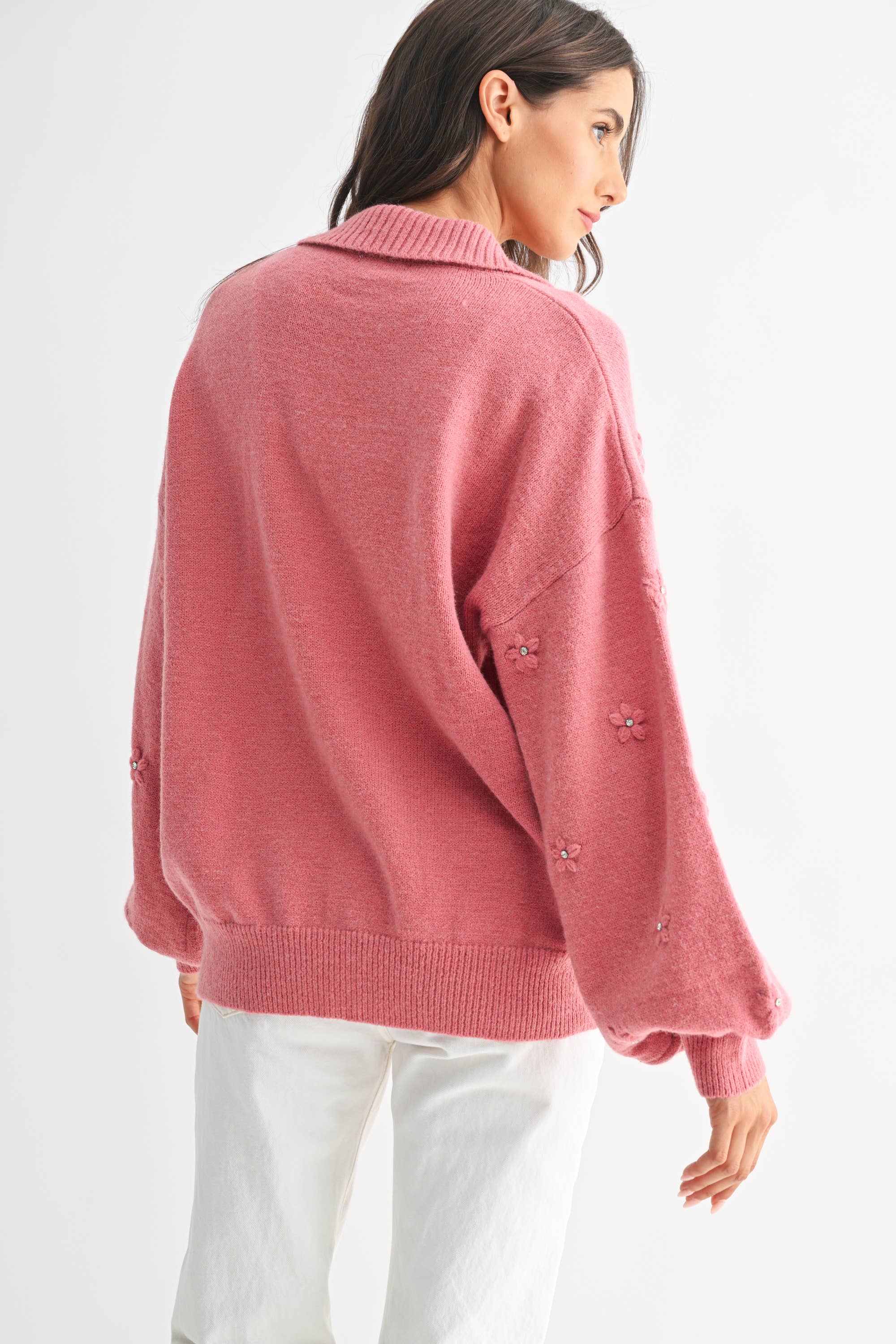 COZY PASTEL CARDGIAN WITH FLORAL EMBELLISHMENTS